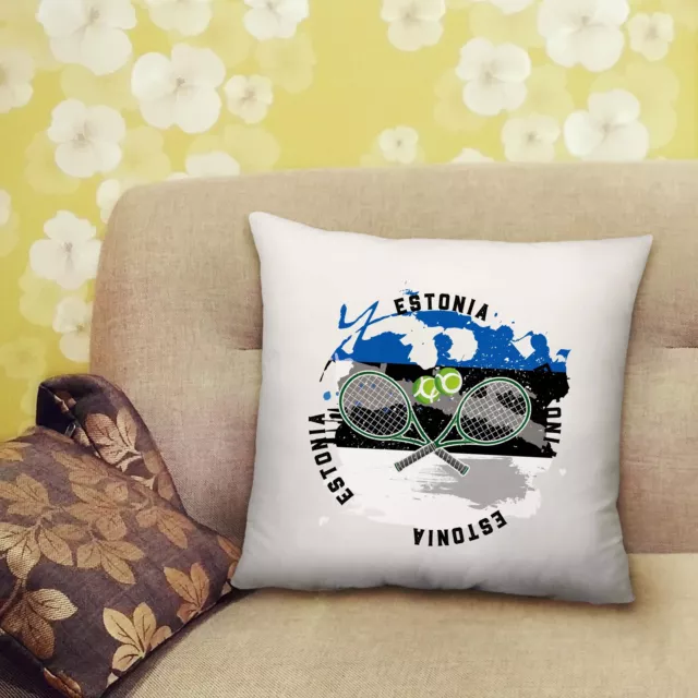 Tennis With Estonia Flag Printed Cushion Gift with Filled Insert - 40cm x 40cm