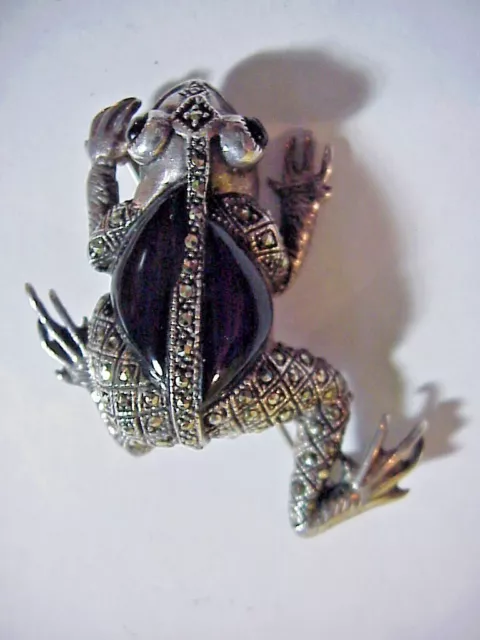 Eagle 925 signed STERLING SILVER OBSIDIAN MARCACITE  Artisan FROG PIN  BROOCH