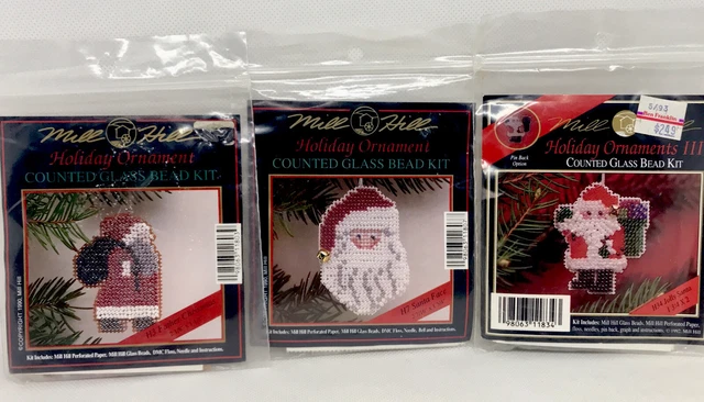 Mill Hill Holiday Santa Ornaments Kit de cuentas de vidrio contado Lote de (3) 1990 1992