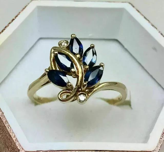 Bague Femme Saphir Bleu Simulé Marquise 4Ct Argent Plaqué Or Jaune 14K