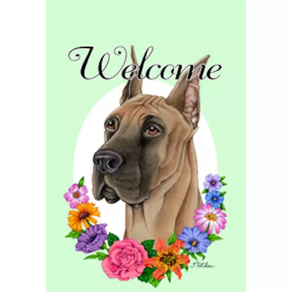 Great Dane Fawn Cropped Welcome Flowers Decorative Flag