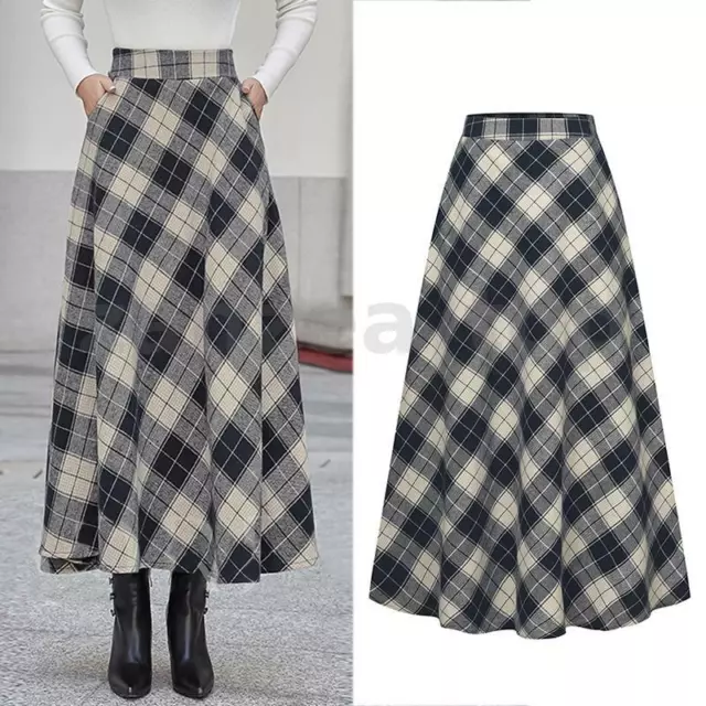 Ladies Women's Pleated Maxi Check Dress Skirt High Waist A-Line Jersey Size 8-24