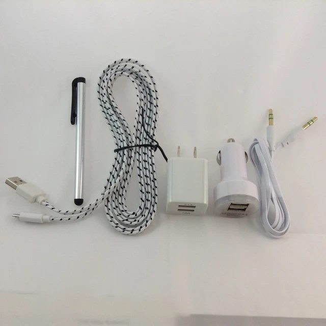 6ft long Micro USB braided Cable, Aux, Stylus,Dual Port Car & Home Charger Combo
