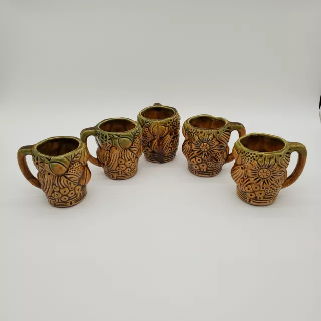 5 Vintage Ceramic Molded Fruit and Flower Cups in Brown and Green