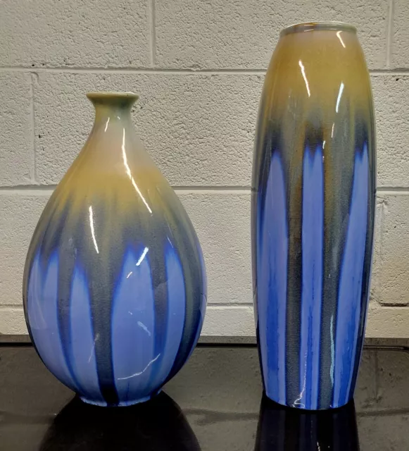 Mid Century Modern Pair Of Vintage Blue Drip Glazed Ceramic Vases Vessels 1960s