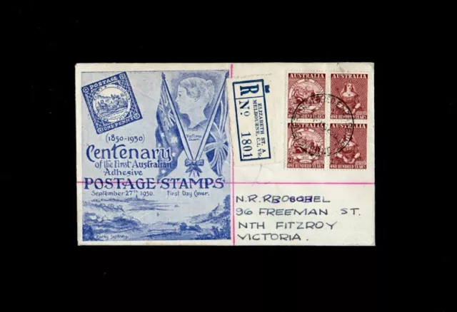 Australia 1950 Centenary Of Aust. Adhesive Postage Stamps Registered Fdc - Qv