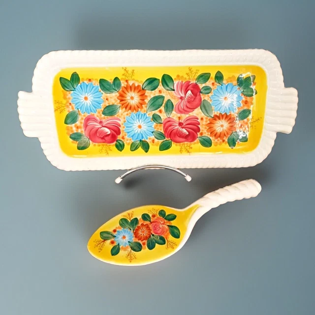 Plat à Gâteaux Ancien Faïence Et Métal – Vintage – Décor Rétro
