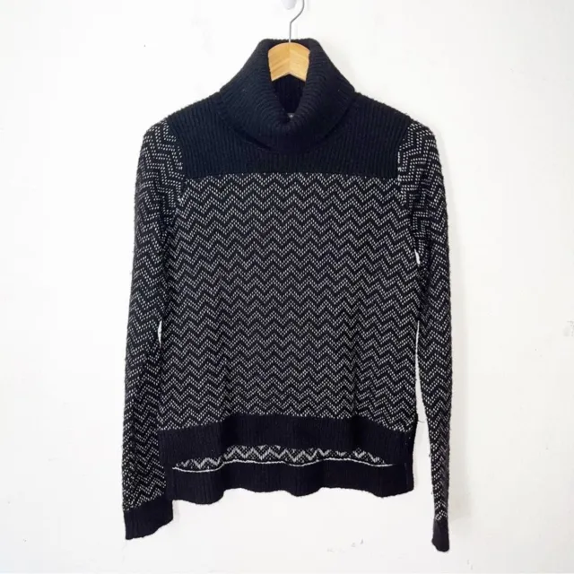 Theory Black White Gyoda Lofty Wool Cashmere Chevron Turtleneck Sweater Sz M