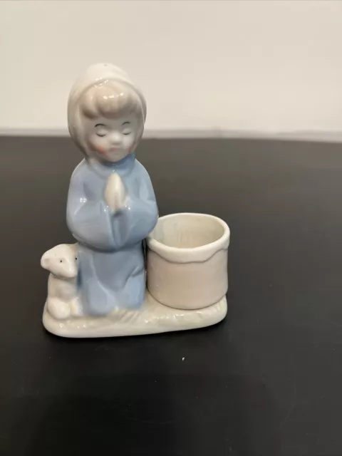 Vintage Ceramic Kneeling Child in Prayer with Lamb Figurine Votive Candle Holder