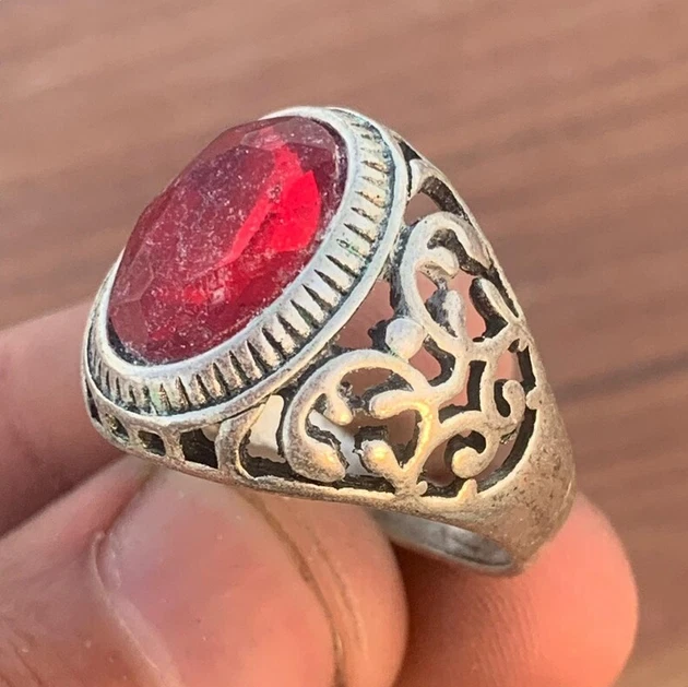 very rare ancient silver viking ring with Red stone amazing artifact authentic