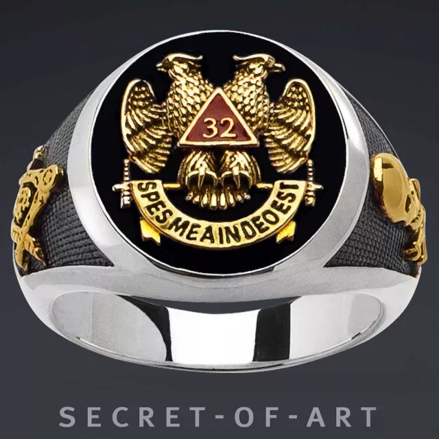 Masonic Ring Freemason Scottish Rite AASR 32nd Mason 925 Silver 24K-Gold-plated