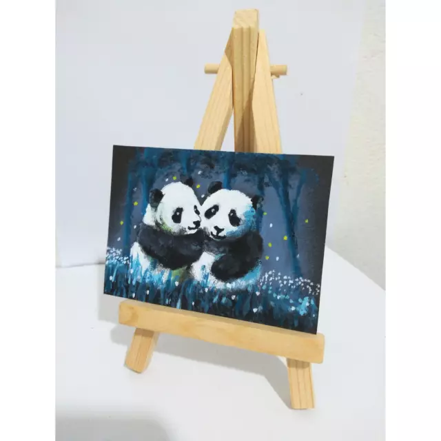 ACEO original painting giant white pandas love miniature art card OOAK Signed