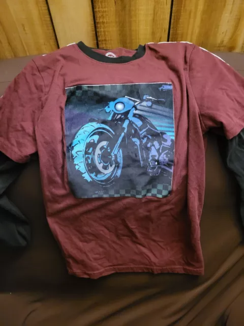 Wonder Nation Boys Graphic T Shirt XL 14/16 Long Sleeve Motorcross Maroon Black