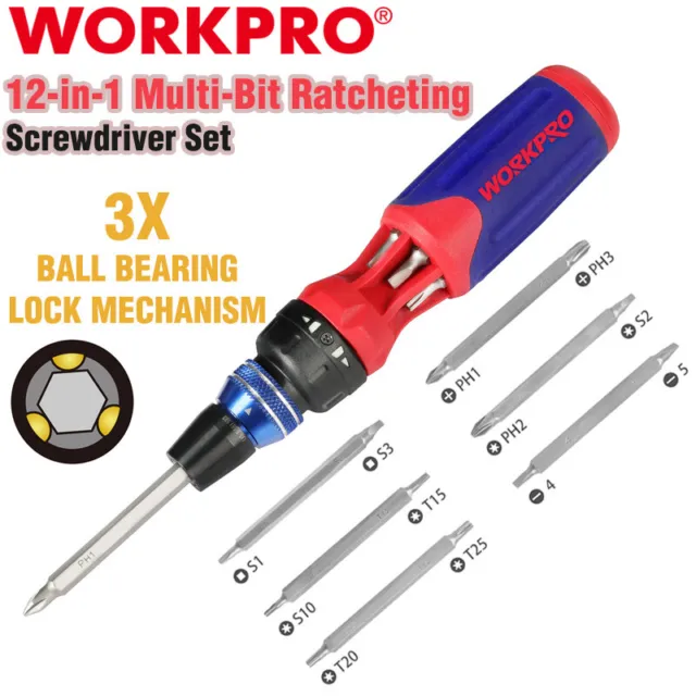 WORKPRO 12-in-1 Ratcheting Multi-Bit Screwdriver Set w/Double End Bits in Handle