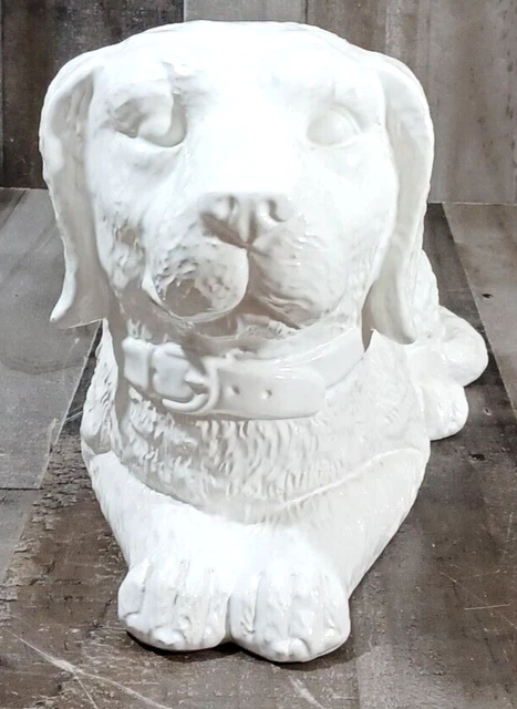 LARGE 15×9x8 LAYING PUPPY DOG GUARDIAN ANGEL STATUE SCULPTURE WHITE CERAMIC 6