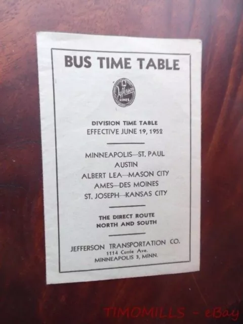 1952 Jefferson Transportation Company Bus Timetable Minnesota Iowa Missouri OLD