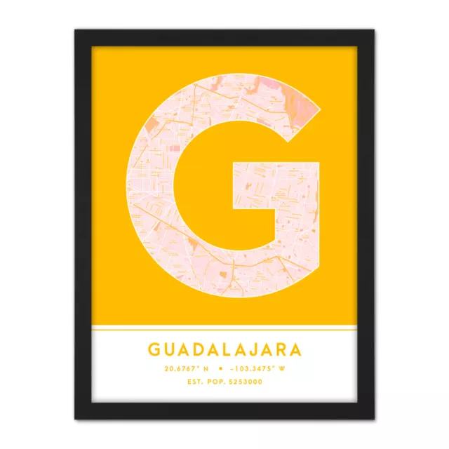 Guadalajara Mexico City Map Typography Framed Wall Art Print 18x24 In