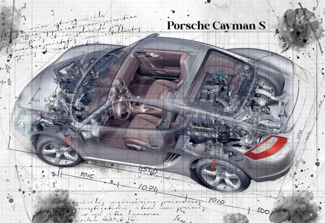 Line Tech Drawing   Porsche Cayman S   Auto Car Classic Cutaway Art Poster Print