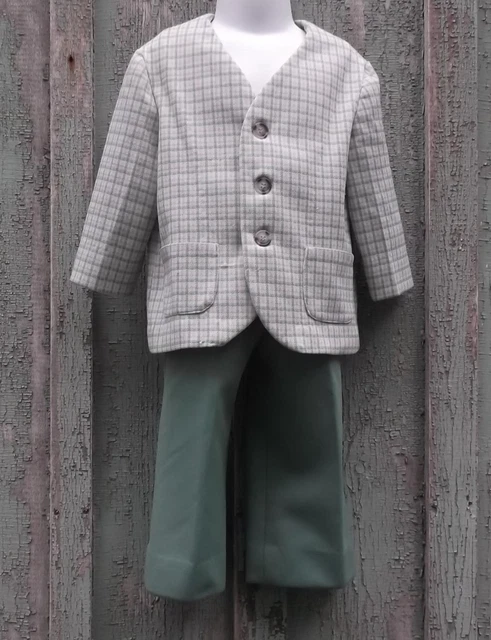 Vintage 70s Boys Leisure Suit Green Plaid Polyester Hand Crafted Jacket + Pants