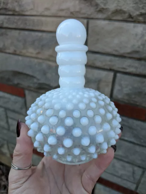 Vintage Fenton Hobnail Milk Glass Perfume/Cologne Bottle With Stopper 6 inches