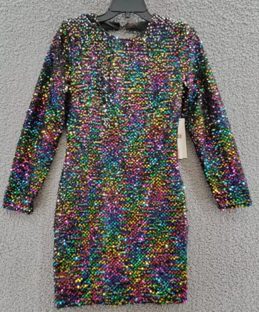 Aqua Rainbow Sequin Open Back Long Sleeve Mini Dress Women's L Rainbow Color