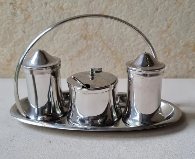 Quality Vintage OLD HALL England Stainless Steel Deco Style Condiment Set 1959