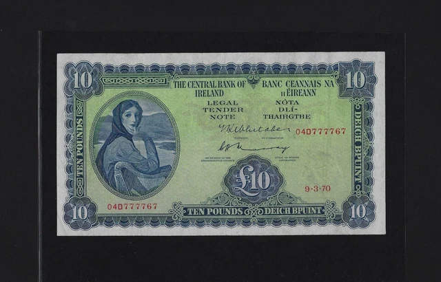Ireland Republic Eire 10 POUNDS 1970 P-66 VF++ RARE DATE - NICE NUMBER