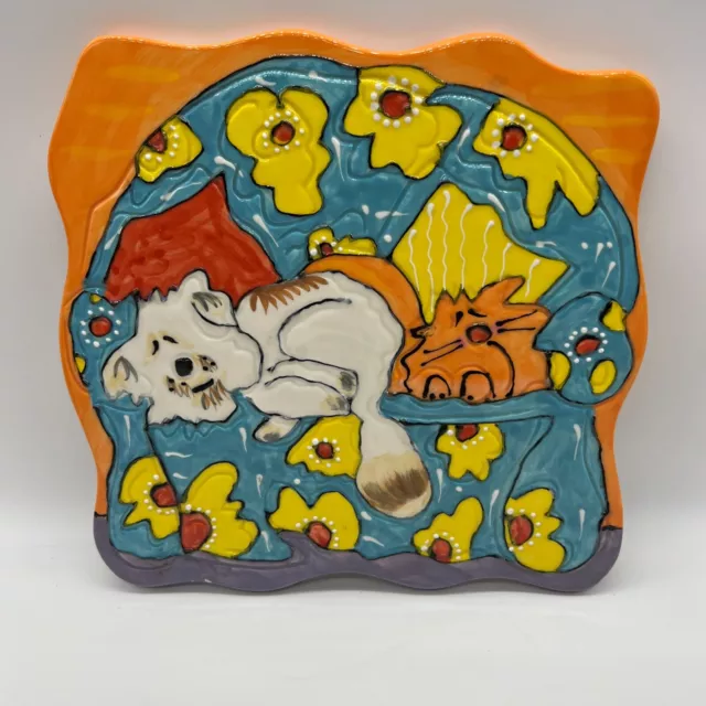Debby Carman Two Fur Snooze Trivet Wall Hanging Plate Cats Dogs People Too