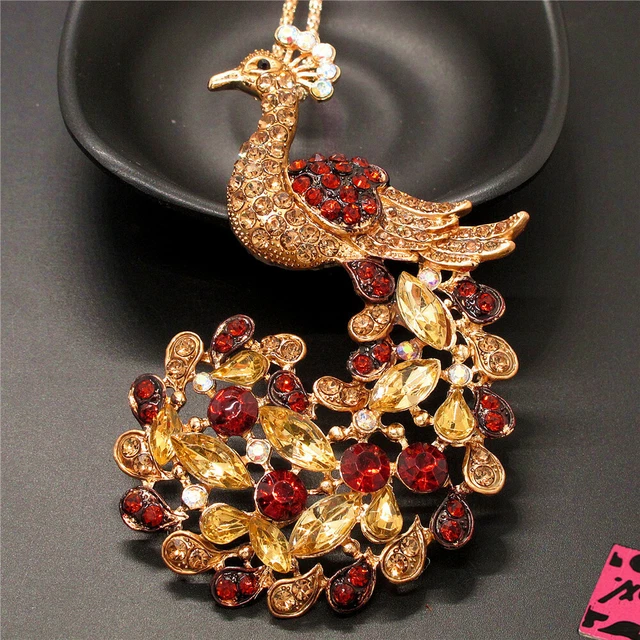 Betsey Johnson Champagne Crystal Peacock Bling Animal Pendant  Chain Necklace