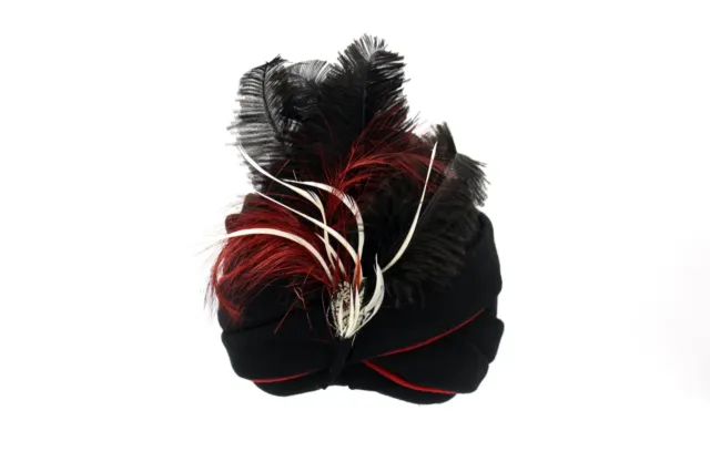 Custom-Made Womens Turban Hat Black Fabric Red Piping Feathers