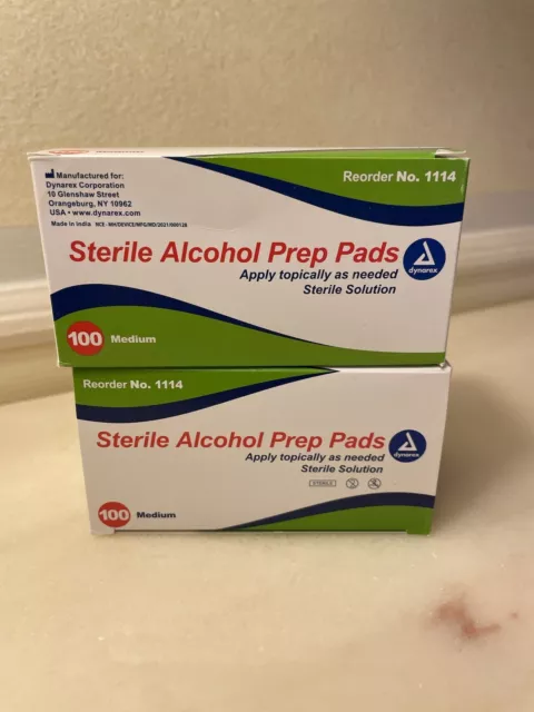 Dynarex Sterile Alcohol Prep Pads Medium 2 Boxes X 100= 200 USA #1114