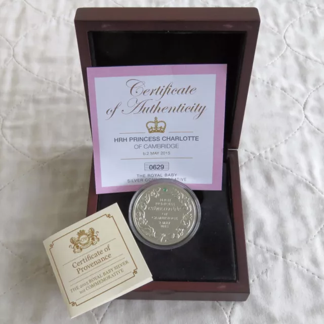 2015 BIRTH OF PRINCESS CHARLOTTE SILVER PROOF MEDAL WITH INSET EMERALD boxed/coa