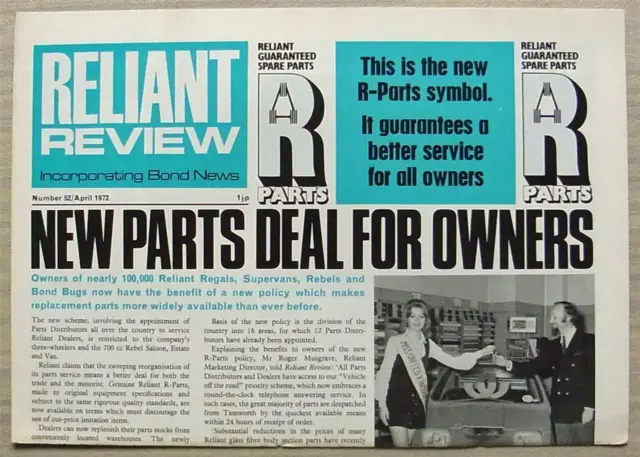 RELIANT REVIEW Inc BOND NEWS NEWSPAPER No 52 Apr 1972 Bug SCMITAR GTE