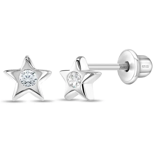 925 Argent Sterling Zircone Petit Étoile Vis Arrière Oreilles Bébé Fille Bambin