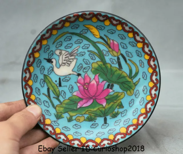 7.2" Marked Old China Cloisonne Enamel Bronze Dynasty Flower Birds Plate Tray