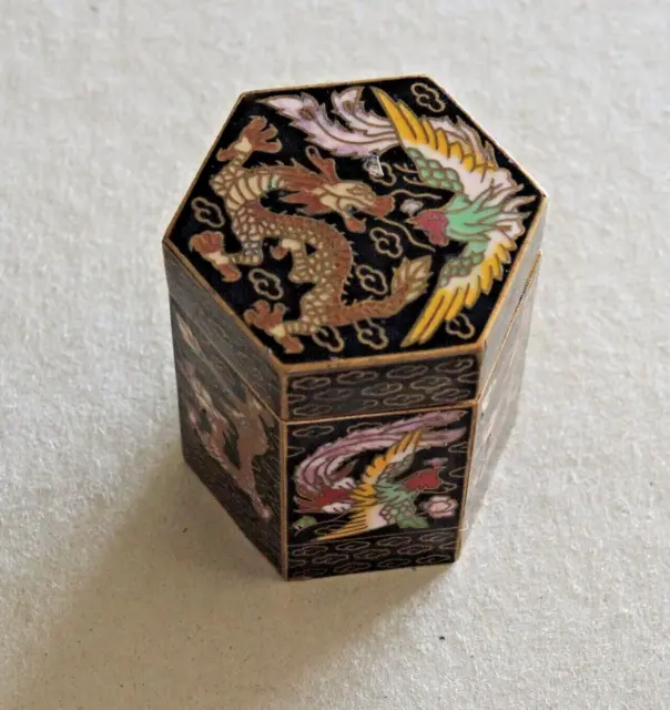 Vintage Lidded Cloisonné Box Chinese Dragon & Phoenix Decoration Reign Mark #13