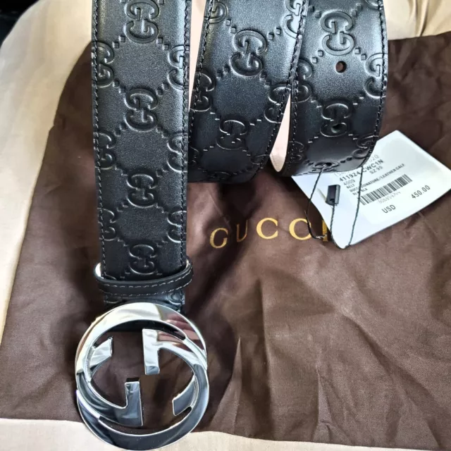 Mens Classic Gucci Belt Black Monogram Silver Authentic Size 32-34