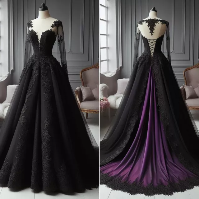 Gothic Black and Purple Wedding Dresses Long Sleeves Corset A Line Bridal Gowns