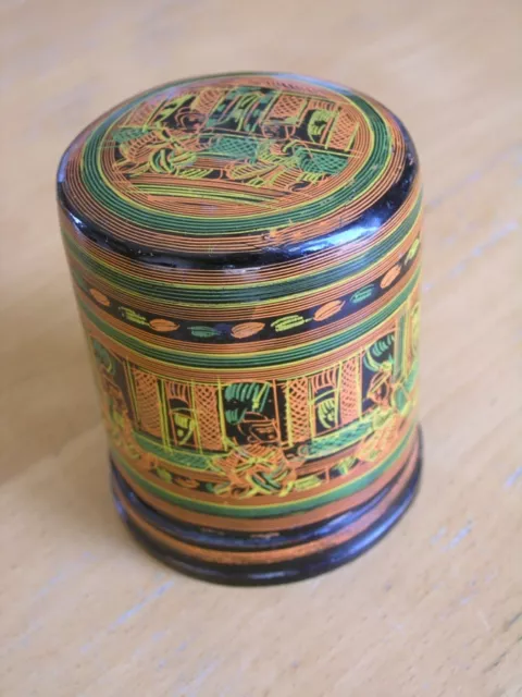 Antique Burmese Indonesian Thai Lacquer Covered Spice Box Sgraffito Detail Color