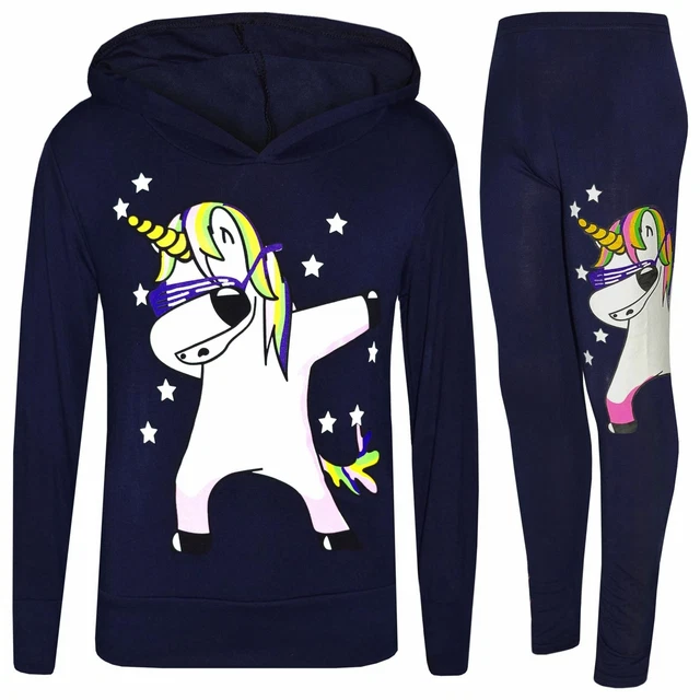 Set leggings top con cappuccio bambine unicorno dab filo interdentale blu navy 7-13 anni