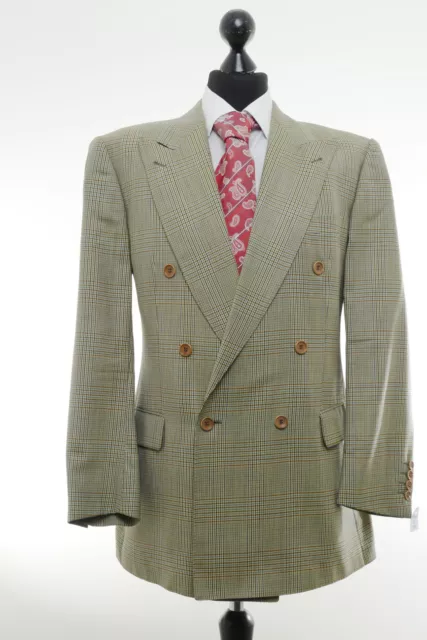 Burberrys Jacket Suit 1690.7oz Beige Green Checkered Two-Row Cloth 100% New Wool