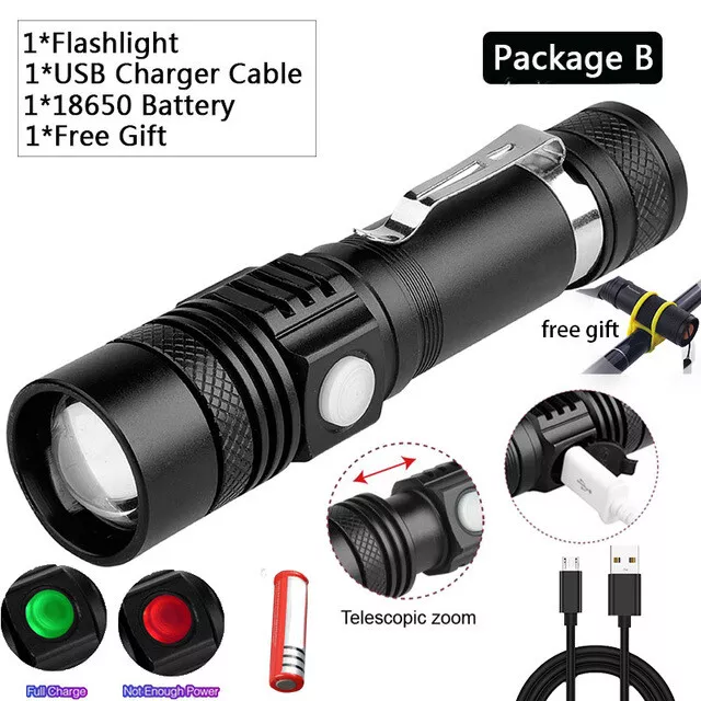 Super Bright 50000LM T6 LED Flashlight  Rechargeable Zoom Torch 18650 3 Modes