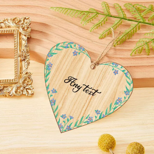 Personalised Wooden Heart Hanging Sign Plaque Floral Ornament Custom Any Message 3