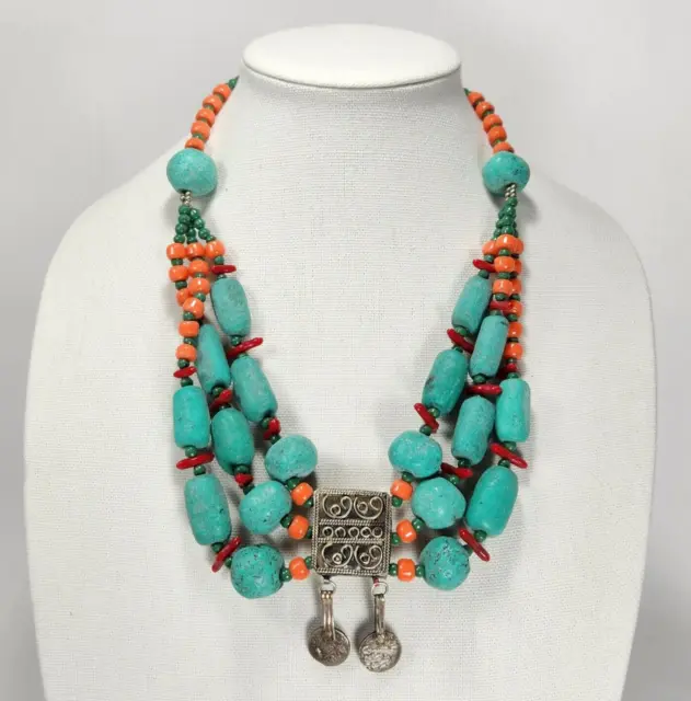 Moroccan Necklace Porous Turquoise Stone Coral Plastic Beads 22" Statement