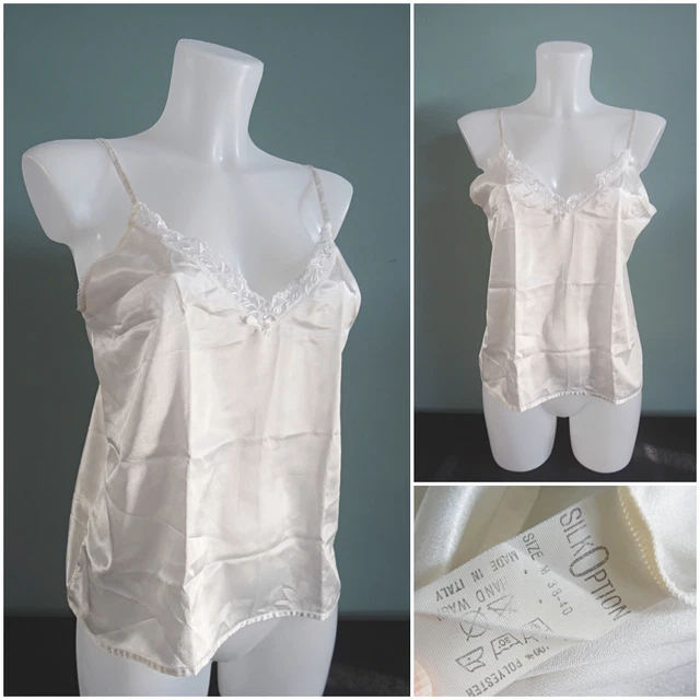 Camicia vintage anni '80 seta opzionale avorio poliestere pizzo raso donna 34" busto