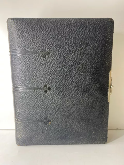 Antique Victorian Era Black Lather Bound Photo Album with Metal Clasp