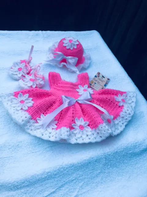 crochet newborn baby girl coming home outfit daisy flower pink color frock set