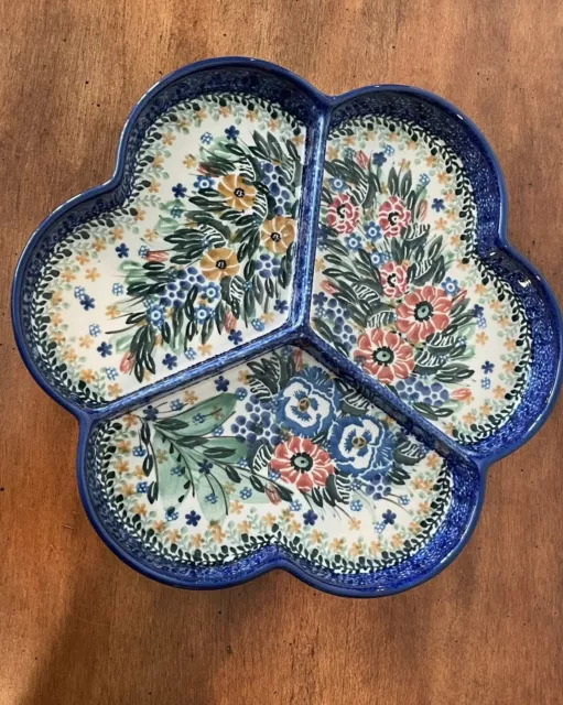 Polish Pottery  UNIKAT 3-Part Relish Snack Dish (9.25”) Maria Starzyk.  Floral