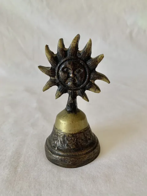 Brass Bell Sun Face 4” Tall Aztec Myan Collectible Vintage Mexico