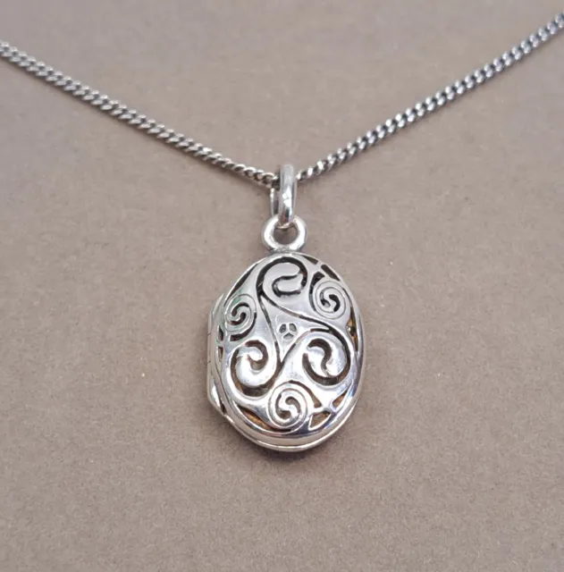 Sterling Silver 925 Celtic Spiral Shield Filigree Locket Pendant And Necklace